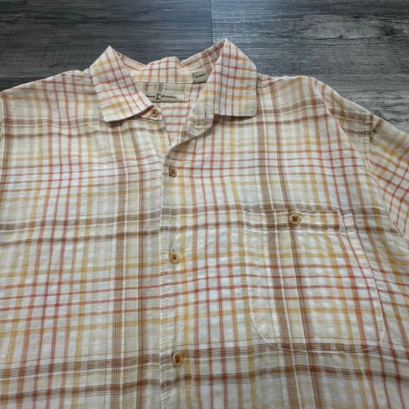 Tommy Bahama Orange Yellow Check Plaid Mens L‎ Linen Blend Short Sleeve Shirt - Picture 1 of 10